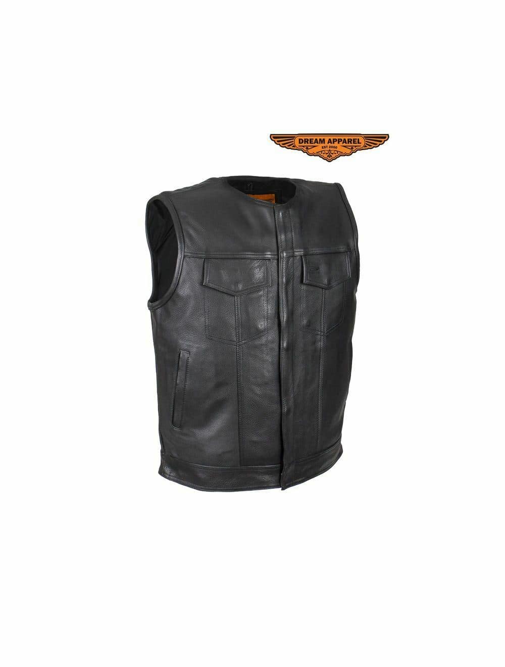 Milwaukee Denim Men's Black Collarless Motorcycle Vest - Snap Zipper Front, Gun Pocket