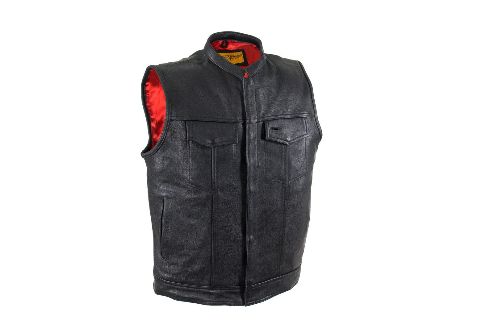 Men's Cowhide Leather Vest Red Liner Elastic Straps Motorcycle Vest